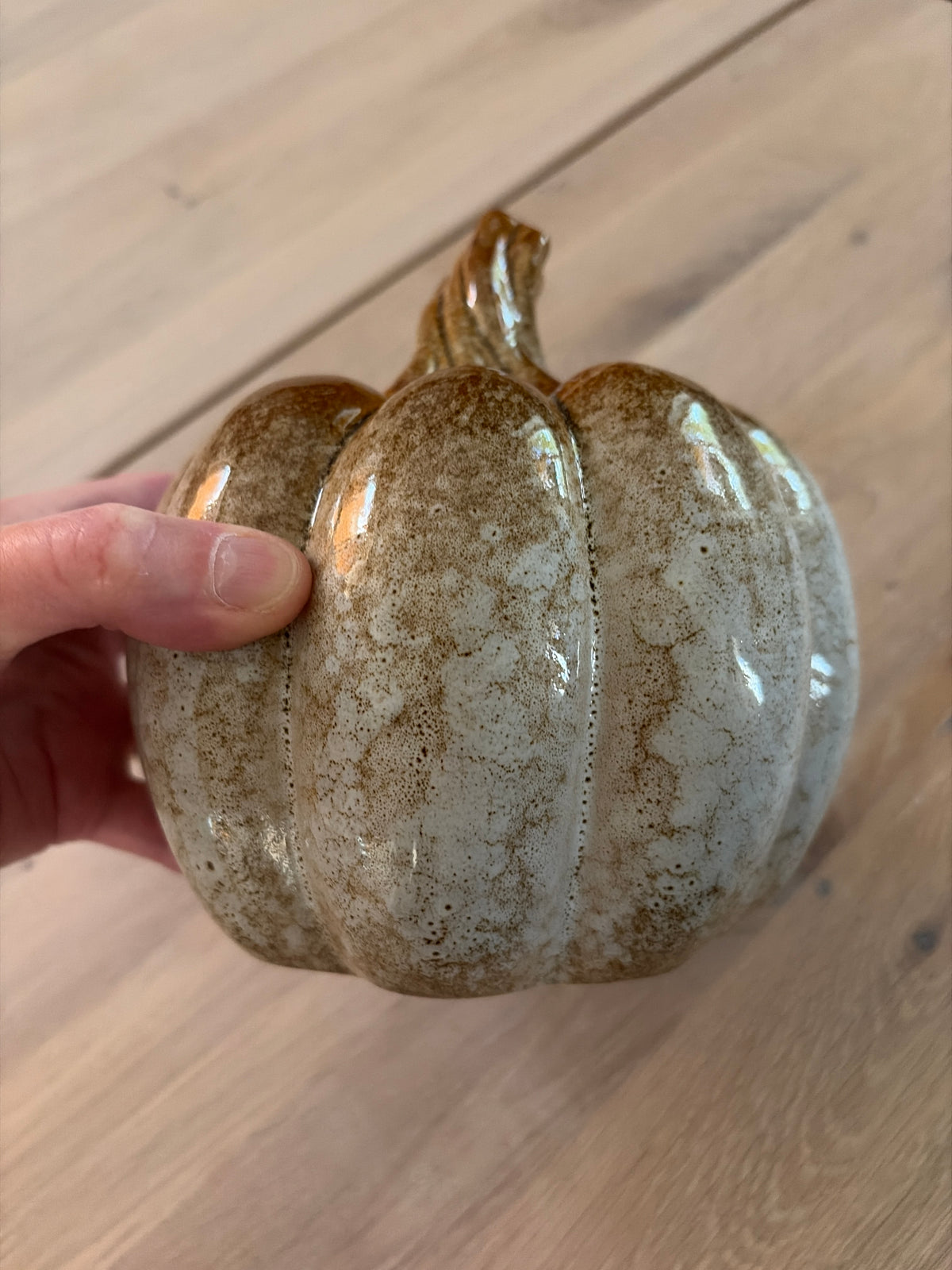 Pyöreä, antiikinvalkoinen kurpitsakoriste tuo syksyistä tunnelmaa pöydälle, hyllylle tai osaksi sesonkiasetelmaa. Koko 15 × 15 cm.