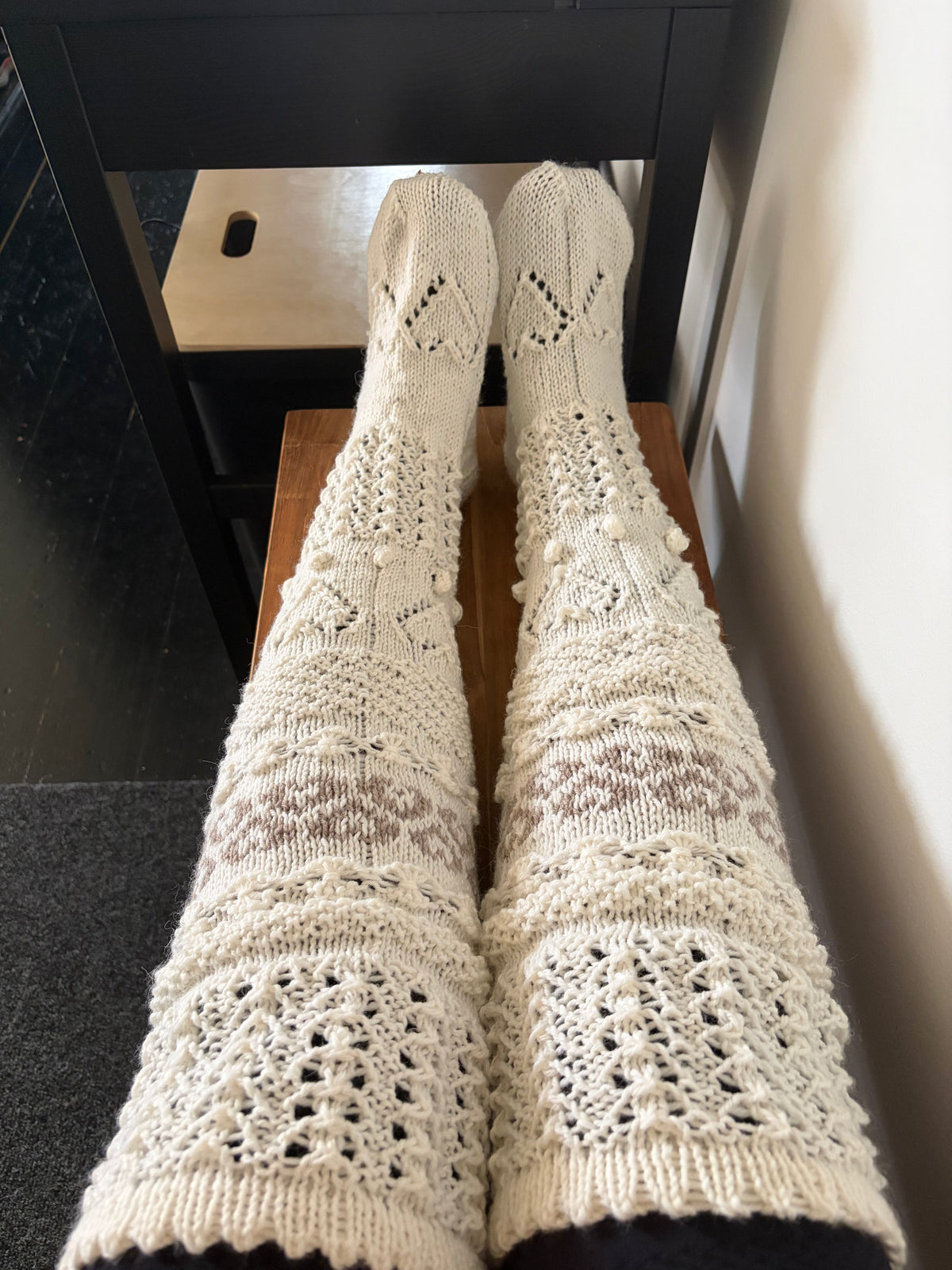 Ylipolven villasukat jalassa – pitsirakenne läheltä